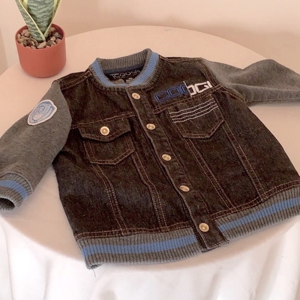 Coogi infant Varsity jacket. Black wash Denim and gray knit sleeves.